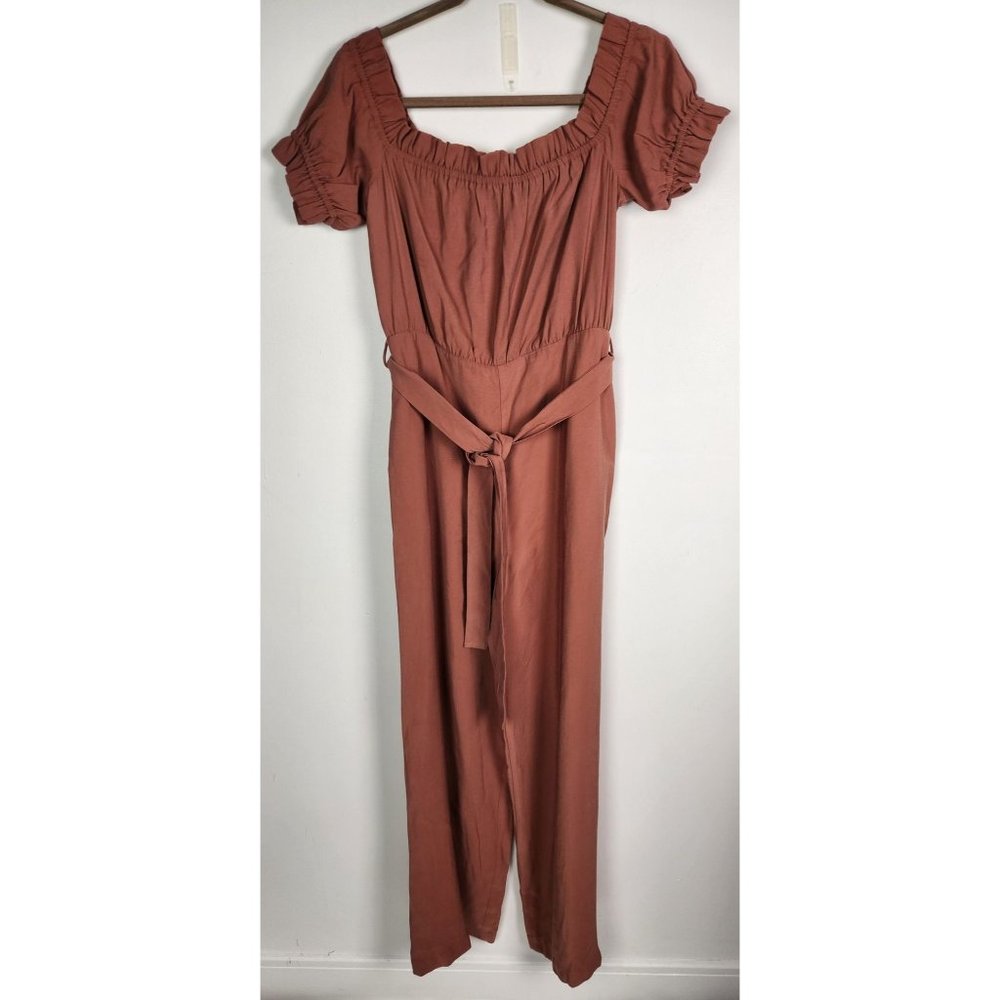 Majorelle Women's Sz. M Short Sleeve Belted Wide Leg Jumpsuit In Clay